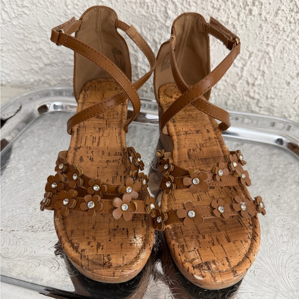 Brown Floral Cork Wedge Sandals - Women